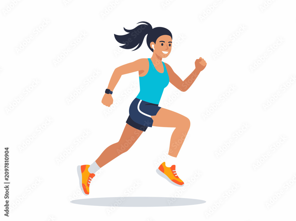 Fototapeta premium Vector illustration of a young woman jogging and exercising in athletic wear.
