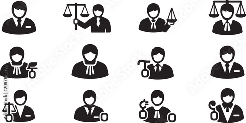 Fotografía Lawyer, attorney, judge icons, legal symbols, black silhouette set