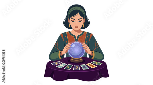 Mysterious female fortune teller reading crystal ball and tarot cards for mystical prediction flat vector illustration