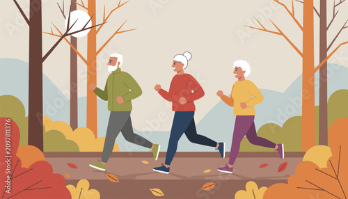 Active senior citizens jogging together along a scenic autumn forest trail covered with orange and yellow leaves.
