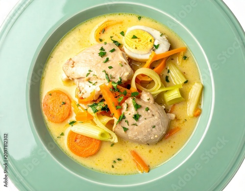 Authentic Belgian Waterzooi Creamy Chicken Stew On Soft Sage Green Plate Isolated On White Background