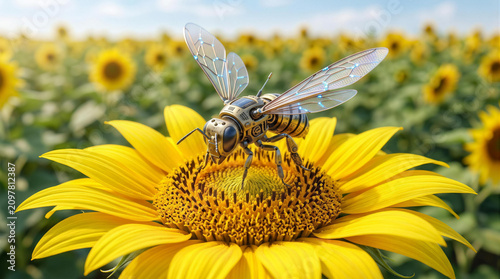 Close up of futuristic robotic bee pollinating a sunflower in advanced agriculture technology concept
