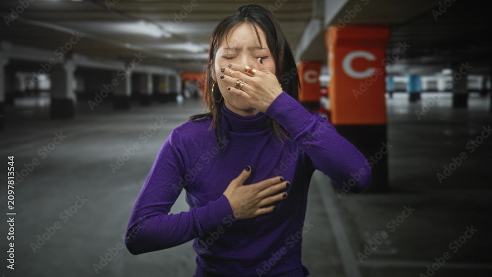 Fototapeta premium Woman covers mouth with hand and clutches chest in purple sweater inside parking garage; nausea unease.