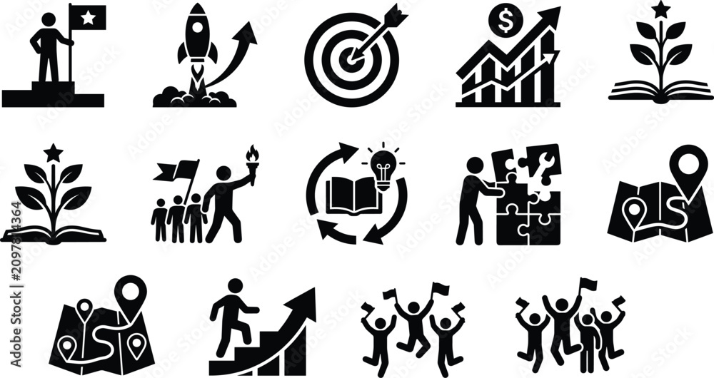 Obraz premium Business Success and Leadership Icon Set with Growth Strategy Education and Achievement Symbols