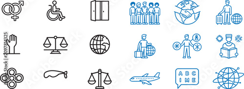 Human rights and global diversity line icon set with scales of justice accessibility gender equality and travel symbols vector