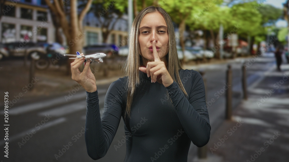 Fototapeta premium Young hispanic woman holding a model airplane and pressing index finger to lips while standing on a city street with blurred parked cars; silence secrecy.