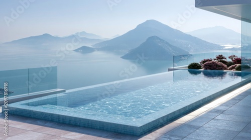 Infinity pool with view of misty mountains.