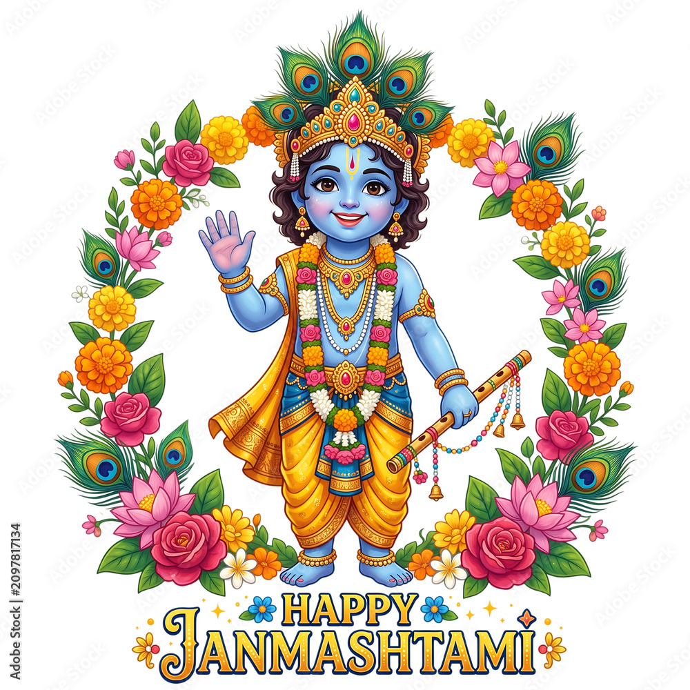 Naklejka premium Happy janmashtami baby krishna with peacock feathers festive hindu illustration