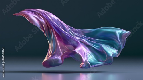 Iridescent metallic fabric flowing in dark space.