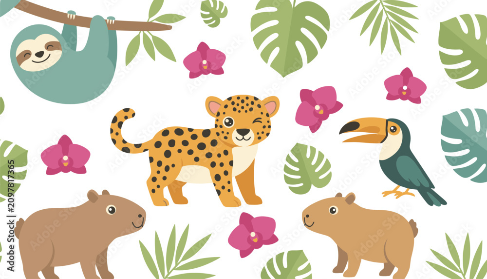 Fototapeta premium Set of tropical rainforest animals featuring a sloth, leopard, toucan, and two capybaras among monstera leaves and pink orchid flowers.