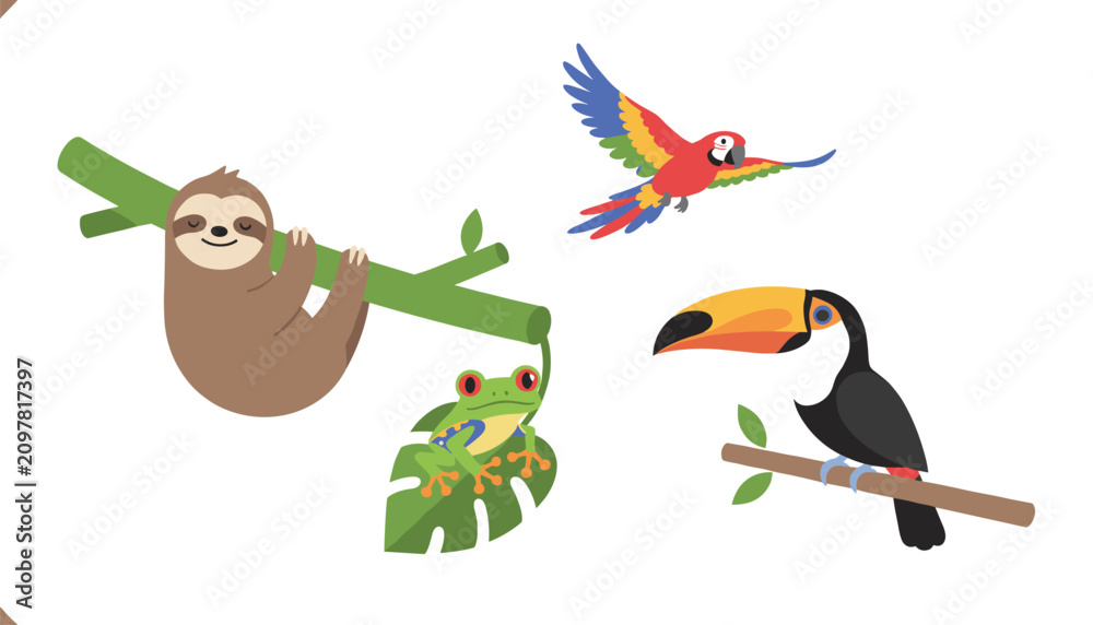 Fototapeta premium Colorful tropical wildlife set including a hanging sloth, a vibrant red parrot, a small green frog on a leaf, and a toucan on a branch.