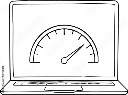 Laptop screen displays a speed gauge with a needle pointing to high performance