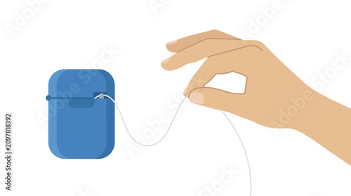 Human hand pulling long strand of dental floss from blue container for oral hygiene flat design illustration