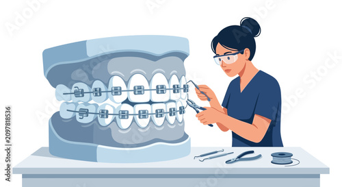 Professional female orthodontist adjusting metal braces on a large dental teeth model flat vector illustration.