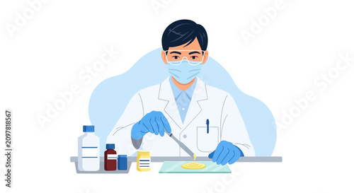 Professional male pharmacist preparing medical ointment on glass tile in laboratory flat vector illustration