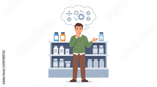 Young man comparing products and making a choice at a pharmacy shelf flat design vector illustration.