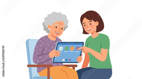 Young Woman Teaching Senior Lady to Use Digital Tablet for Modern Communication Flat Vector Illustration