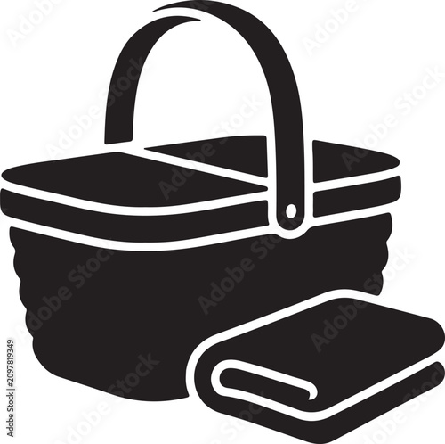 Picnic basket with towel minimal vector icon solid silhouette.