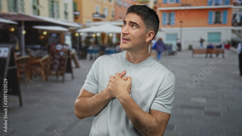 Konstfotografi Man clutching chest in heartattack with both hands on a busy street terrace outside a restaurant, gazing upward in distress; anxiety