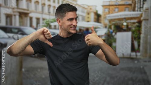 Canvastavla Young hispanic man showing thumbs up and thumbs down with bare hands on a cobblestone street in front of city buildings and parked cars; ambivalence