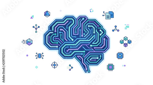 Artificial intelligence human brain formed from digital circuit lines with technology icons flat design illustration.
