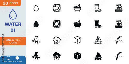 Bild auf Leinwand Water, weather, and marine line and filled icons pack