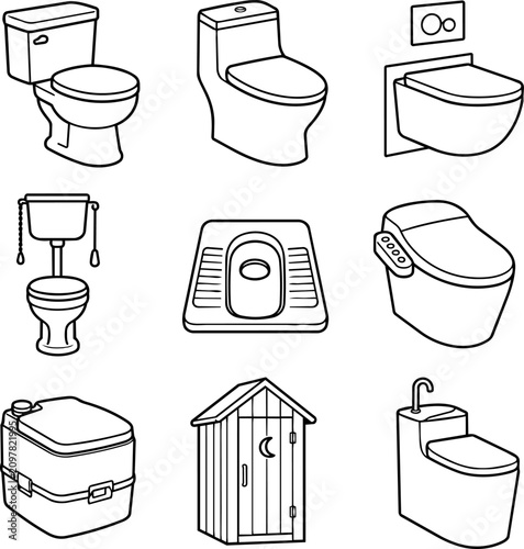 Bathroom toilet types and squat latrine line art set