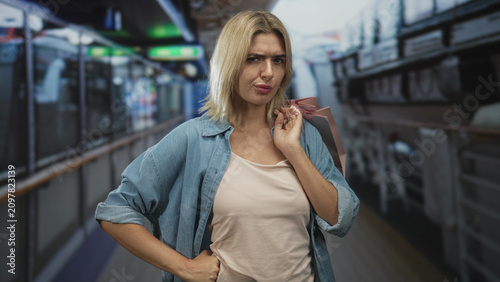 фотографія Young blonde hispanic woman with shopping bag over shoulder, hand on hip and pouting lips in a train station building; sassy defiance