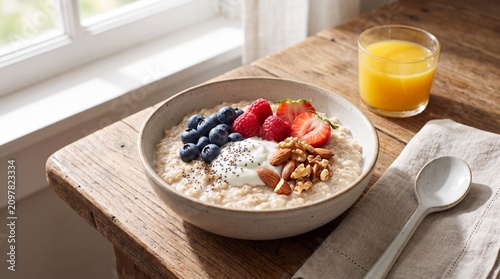 Healthy Breakfast Bowl with Oatmeal, Fresh Berries, Yogurt, Nuts and Orange Juice on Rustic Wooden Table