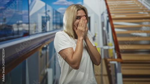 Foto Woman covering face with hands beside stair railing inside building, smiling and laughing in a candid pose; shy amusement