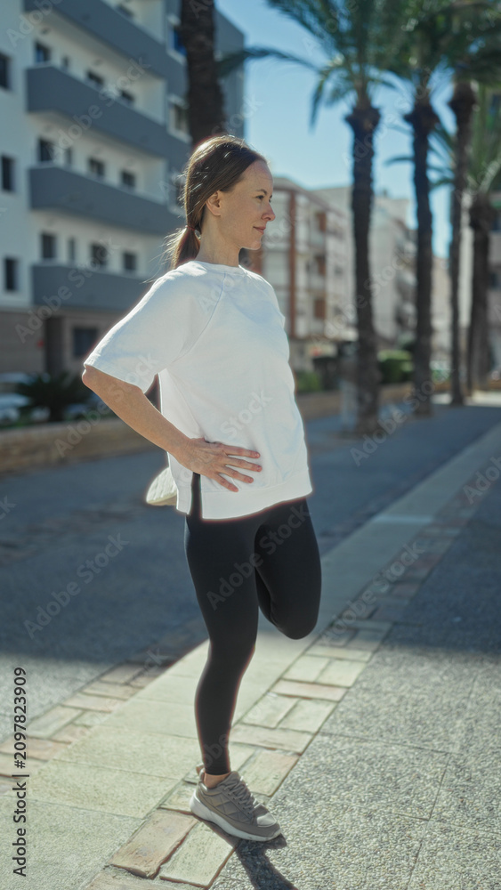 Fototapeta premium Woman stretching leg while balancing on sneaker, wearing sportswear and smartwatch on a sunny street with palm trees and buildings; steady determination.