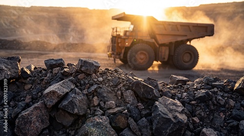Large mining dump truck driving through an openpit mine at sunset, with piles of raw ore and rocks in the foreground and dusty atmosphere
