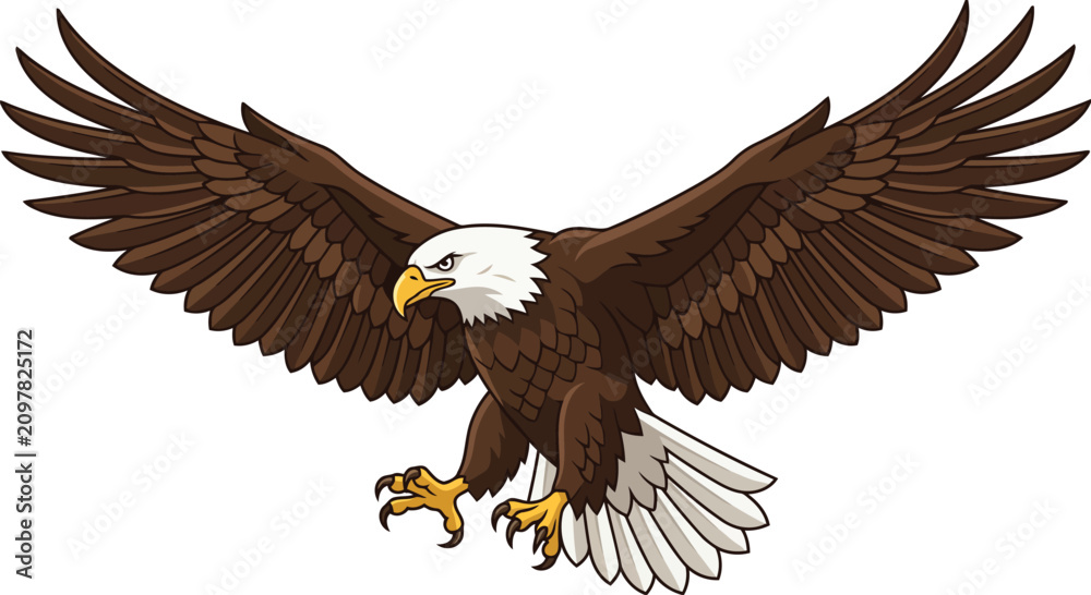 Obraz premium Bald eagle flying with wings spread vector illustration, fierce American hawk mascot cartoon isolated