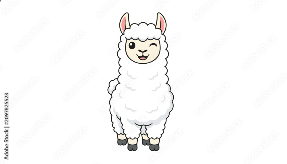 Fototapeta premium Cute white llama cartoon character winking and smiling while standing isolated on a solid white background for graphic design.