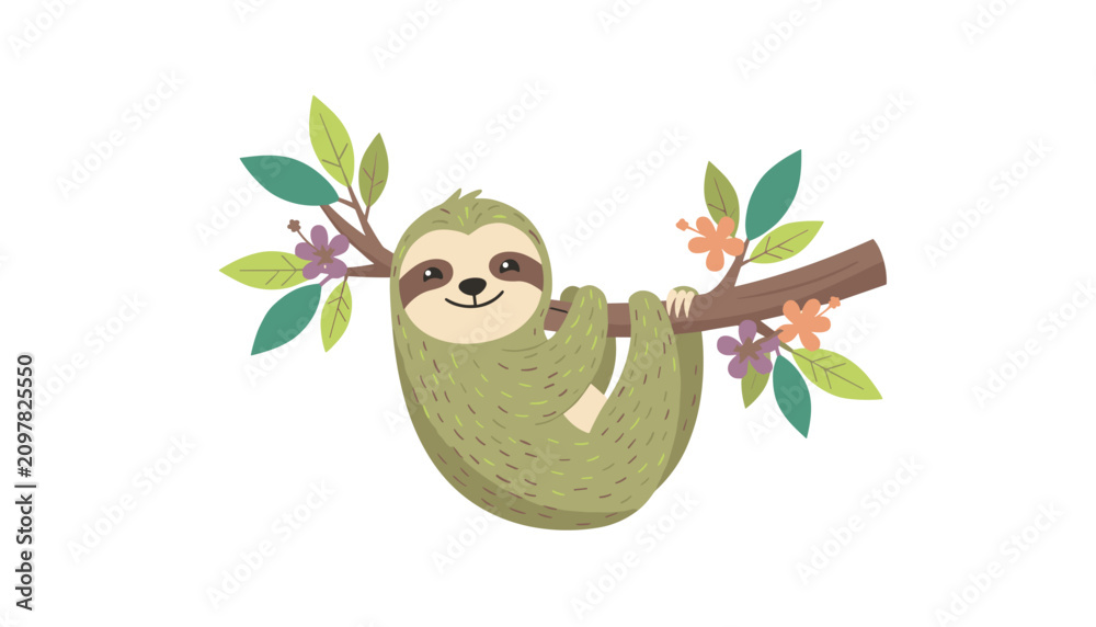 Fototapeta premium Smiling cartoon sloth hanging from a tree branch with colorful flowers and green leaves isolated against a solid white background.