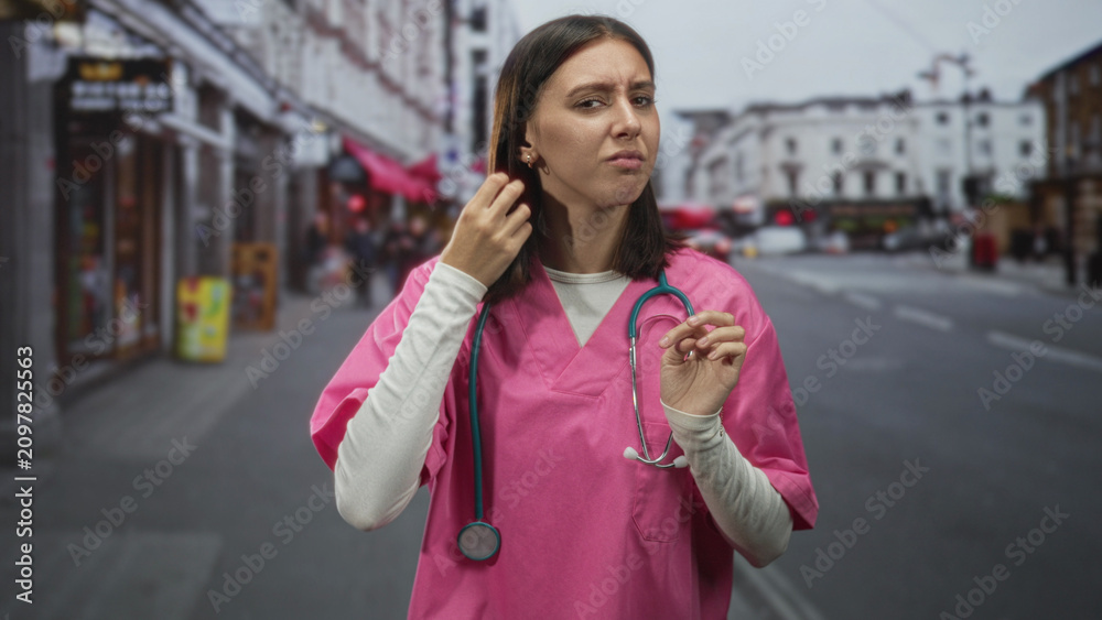 Fototapeta premium Young hispanic nurse woman in pink scrubs with stethoscope touching neck and frowning on a street; exhaustion concern.