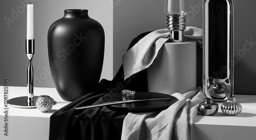 A still life arrangement with vases, candles, and reflective objects.