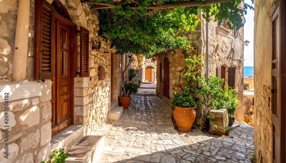 Obraz premium Charming narrow cobblestone street with historic houses and colorful flower pots