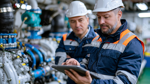 Shipyard outfitting project manager conducting final commissioning walk with classification society surveyor on completed vessel engine room, punch list tablet, piping systems labeled, sea trial pre