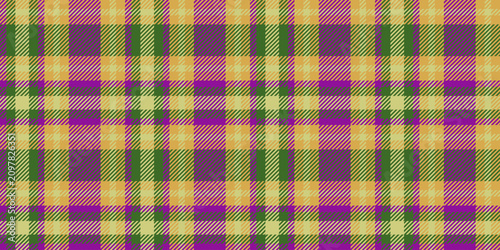 A seamless plaid pattern with purple, green, yellow and gold flowers for Mardi Gras carnival, creating festive decor for festivals and costume parties.