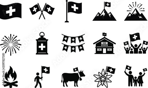 Swiss national day collection black silhouette icons depicting culture traditions and patriotic symbols of switzerland