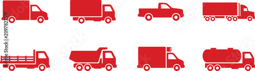 Bild auf Leinwand Red truck collection diverse commercial vehicle icons for logistics transportati