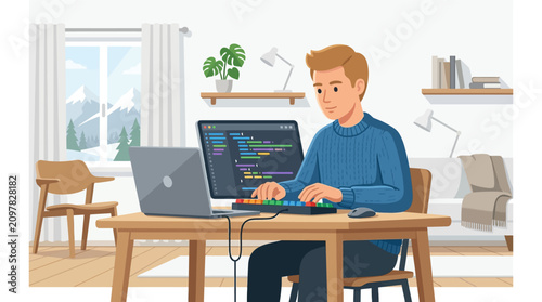 Young male programmer coding on laptop at cozy home office with snowy mountain view flat vector illustration.