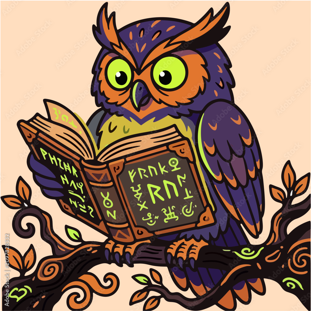Naklejka premium Cartoon Owl Reading Magic Spellbook Perched on Branch Illustration