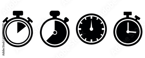 Obraz na płótnie Set of black flat clock and stopwatch icons representing time management and deadline concepts