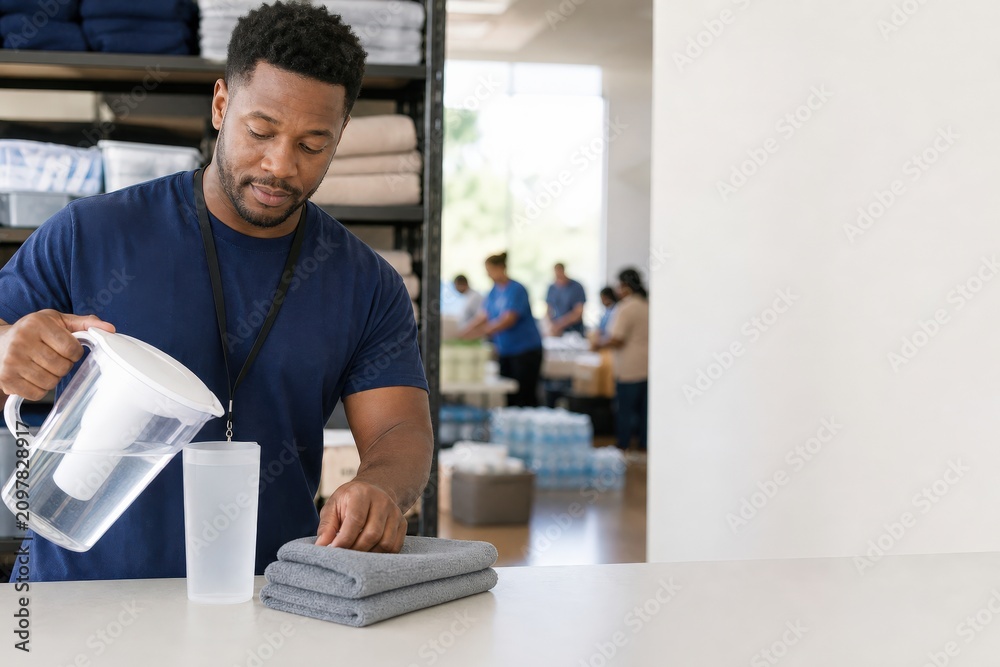 Fototapeta premium Community Cooling Center Context Volunteer His 30s Filling Reusable