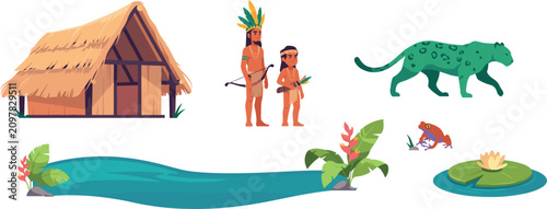 Foto PrintAmazon Rainforest Indigenous Tribe Vector Character Set Featuring Tribal Pe