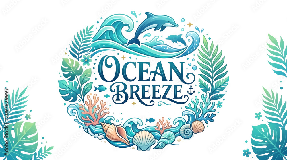Fototapeta premium A colorful illustration of ocean breeze with dolphins and tropical leaves on transparent background