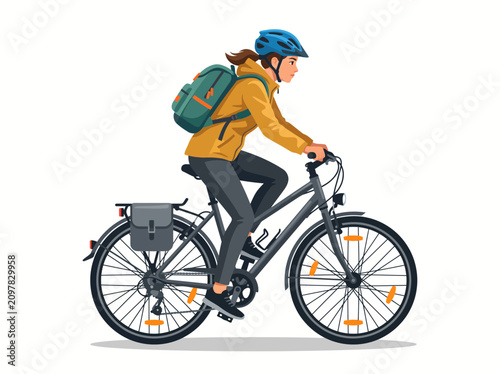 Woman riding a hybrid bicycle wearing a yellow jacket and blue helmet with a backpack.
