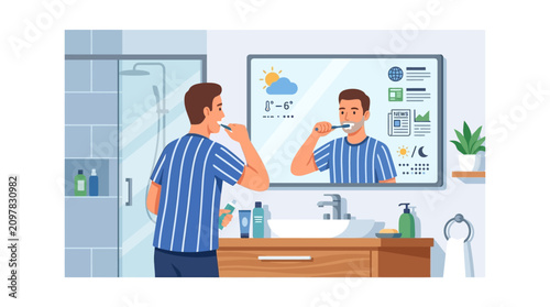 Young man brushing teeth while checking morning weather and news on a futuristic smart mirror flat vector illustration
